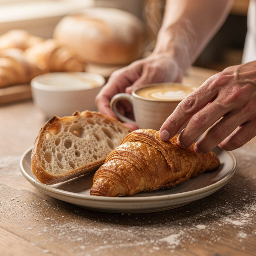 Fresh breakfast pastries and coffee at Bread & Cie bakery in Point Loma, San Diego